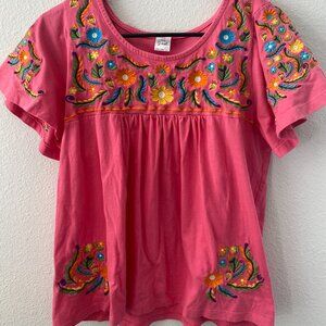 BARE YOUR SOUL Boho Short Sleeve Blouse Top Pink or yellow Floral Embroidery L